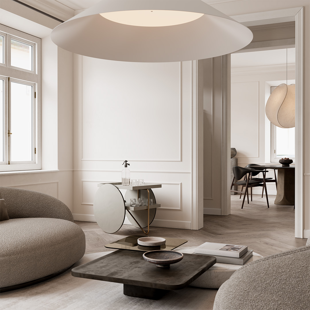 Living contemporaneo con boiserie classica e vista verso la sala da pranzo