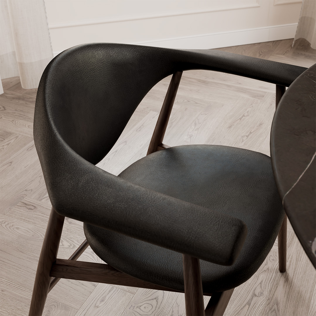 Dettaglio della sedia in pelle scura e legno